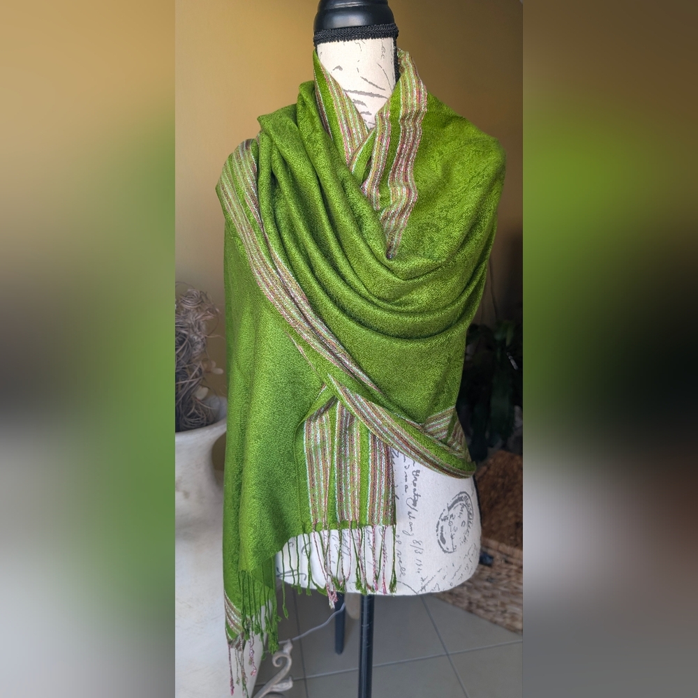 Soft Green Pashmina & Silk Scarf 71"x27" Lightweight & Versatile